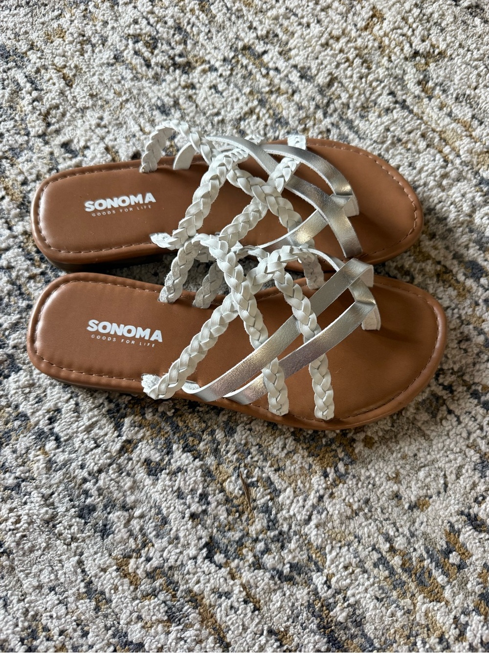 NEW w/o tags. SONOMA White and Silver Braided Slide Sandals.